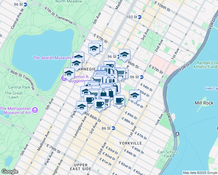 map of restaurants, bars, coffee shops, grocery stores, and more near 161 East 90th Street in New York