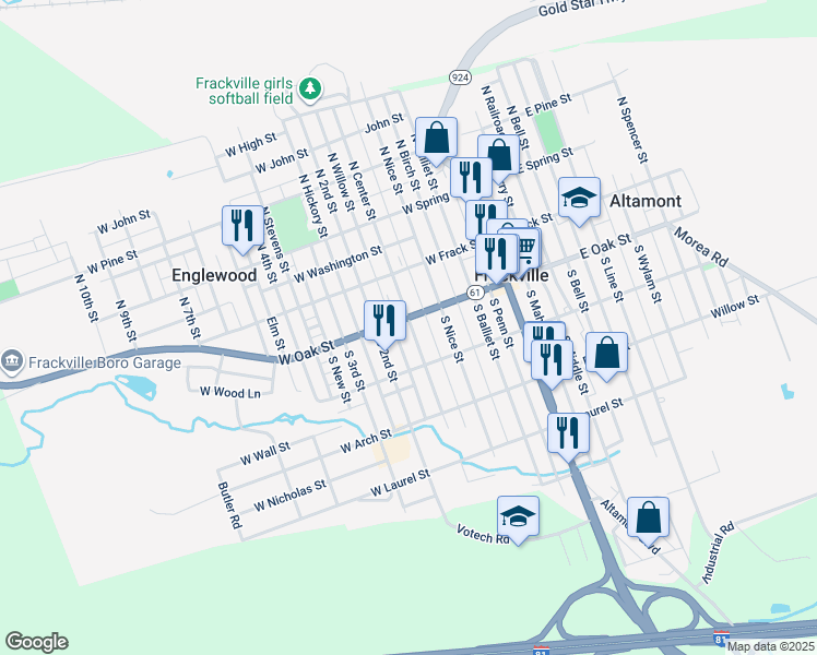 map of restaurants, bars, coffee shops, grocery stores, and more near 116 South Center Street in Frackville