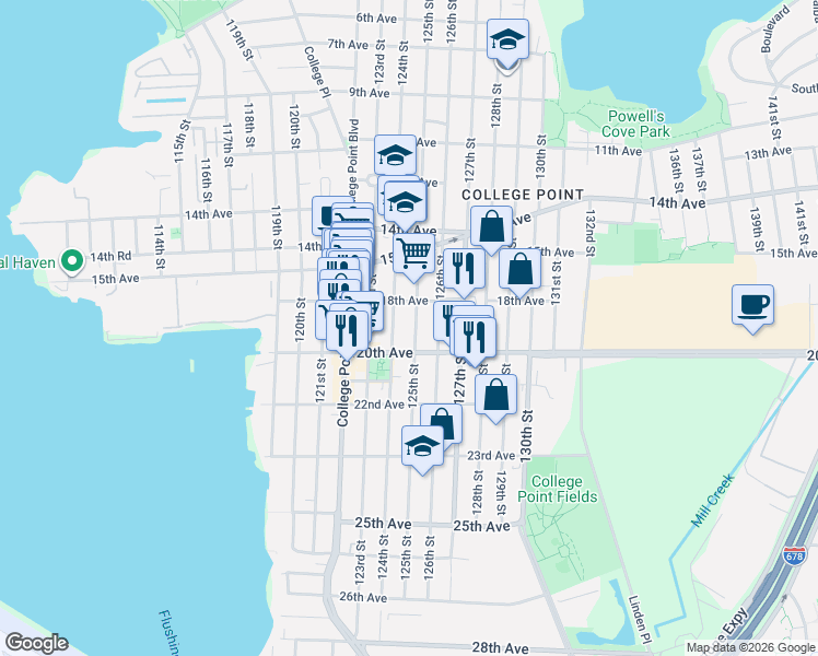 map of restaurants, bars, coffee shops, grocery stores, and more near 18-40 125th Street in Queens