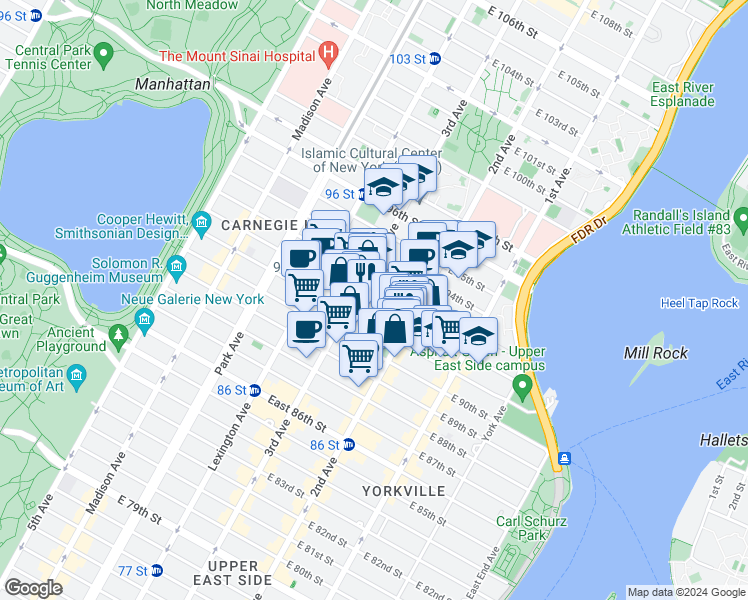 map of restaurants, bars, coffee shops, grocery stores, and more near in New York