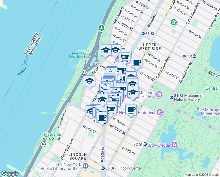 map of restaurants, bars, coffee shops, grocery stores, and more near 2175 Broadway in New York