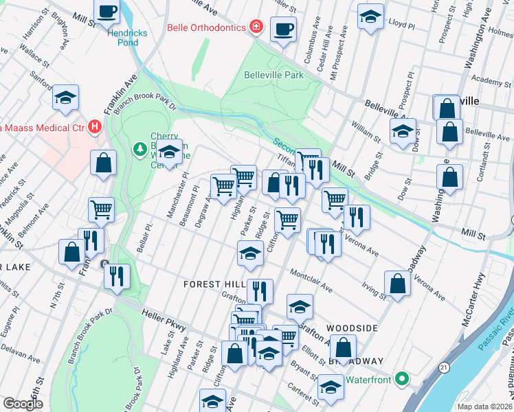 map of restaurants, bars, coffee shops, grocery stores, and more near 822 Parker Street in Newark