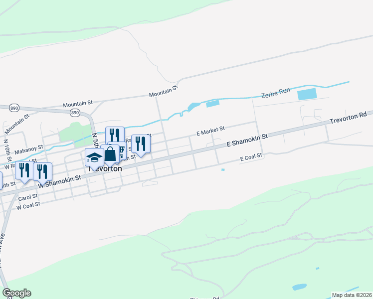 map of restaurants, bars, coffee shops, grocery stores, and more near 100 E Shamokin St in Trevorton