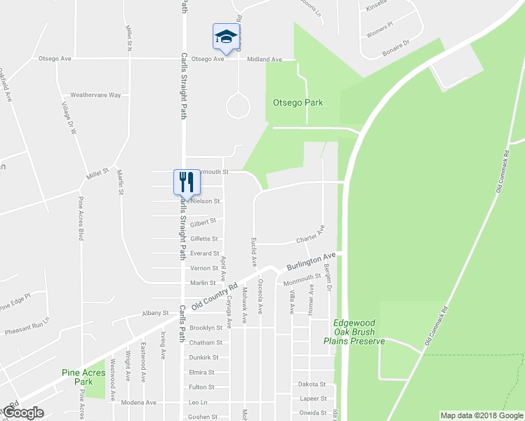 map of restaurants, bars, coffee shops, grocery stores, and more near 14 Euclid Avenue in Huntington Station