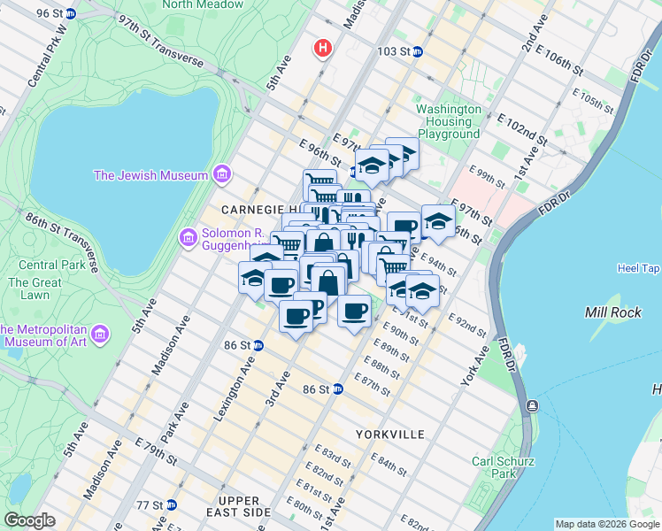 map of restaurants, bars, coffee shops, grocery stores, and more near in New York