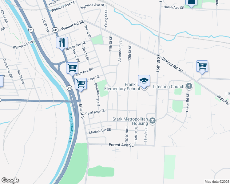 map of restaurants, bars, coffee shops, grocery stores, and more near 1287 3rd Street Southeast in Massillon