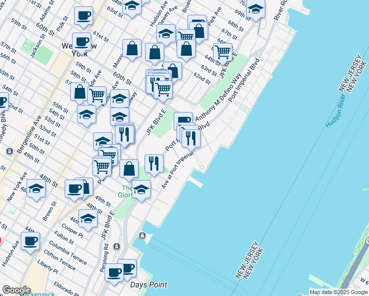 map of restaurants, bars, coffee shops, grocery stores, and more near 55 Riverwalk Place in West New York