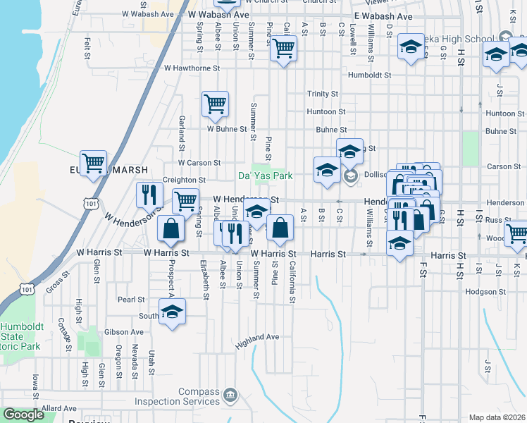 map of restaurants, bars, coffee shops, grocery stores, and more near 2844 Pine Street in Eureka