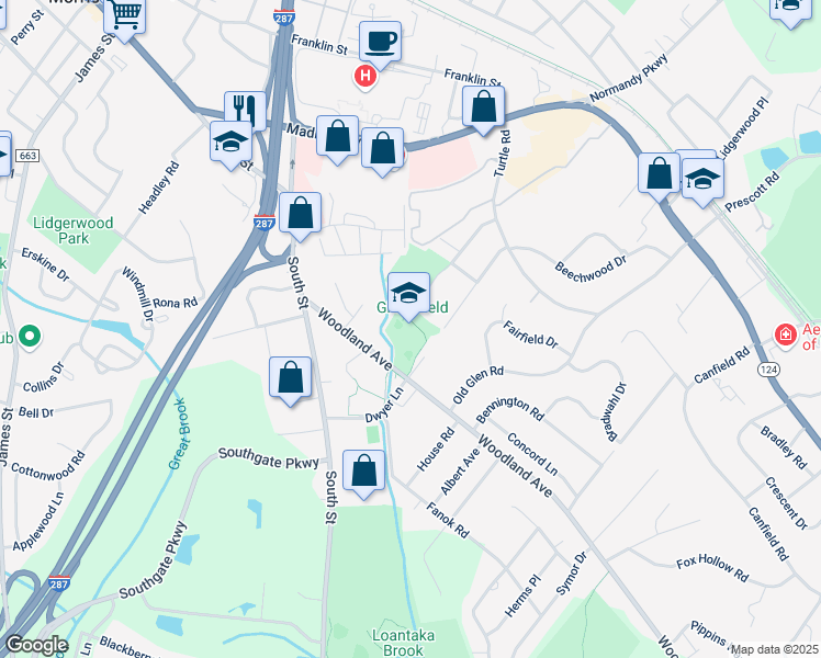 map of restaurants, bars, coffee shops, grocery stores, and more near 51 Johnston Drive in Morristown