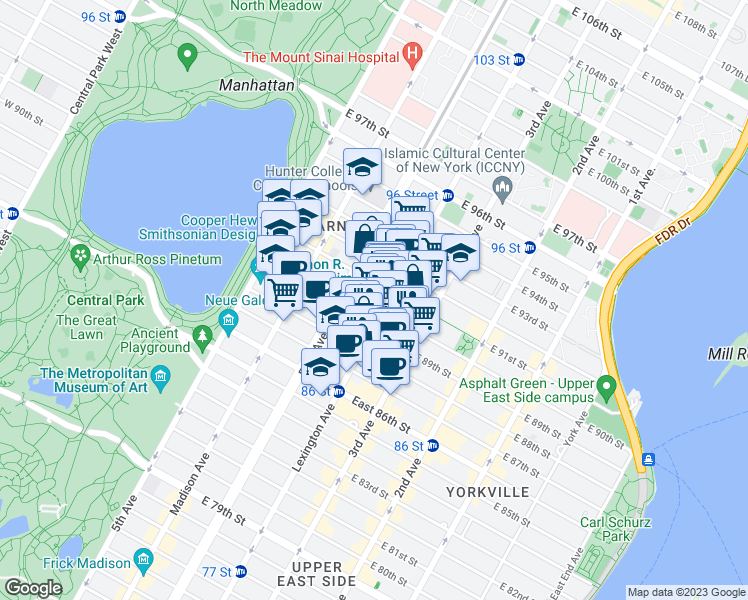 map of restaurants, bars, coffee shops, grocery stores, and more near 114 East 90th Street in New York