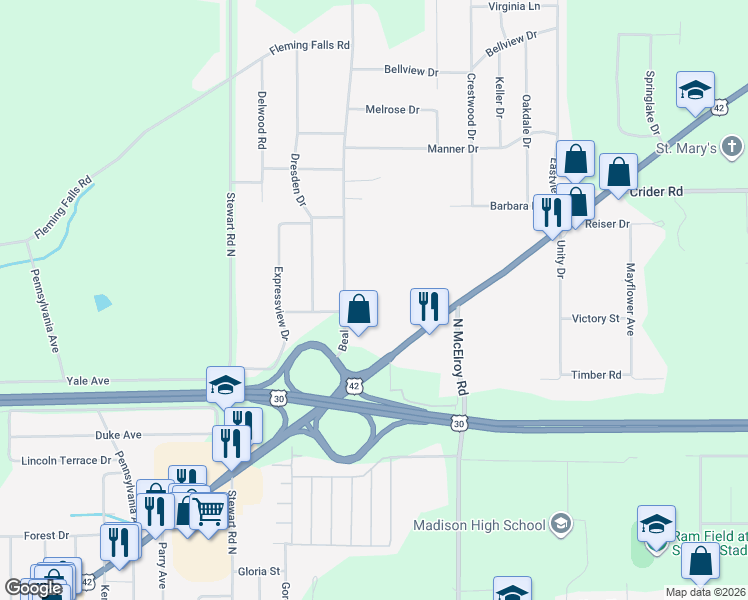 map of restaurants, bars, coffee shops, grocery stores, and more near 876 Beal Road in Mansfield