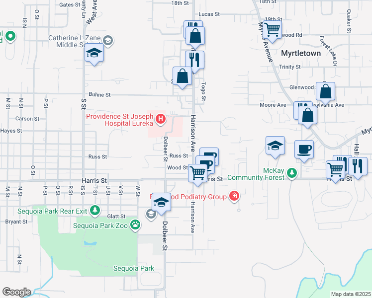 map of restaurants, bars, coffee shops, grocery stores, and more near 2496 Russ Street in Eureka