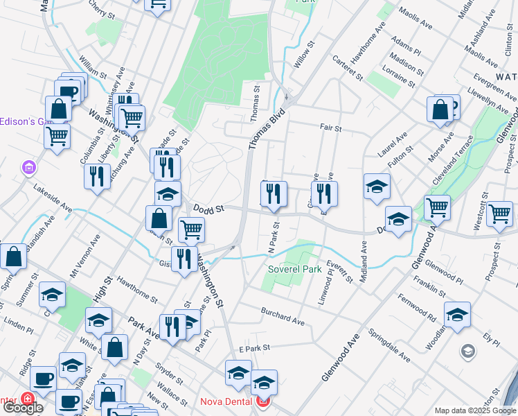 map of restaurants, bars, coffee shops, grocery stores, and more near 7 Long Street in East Orange