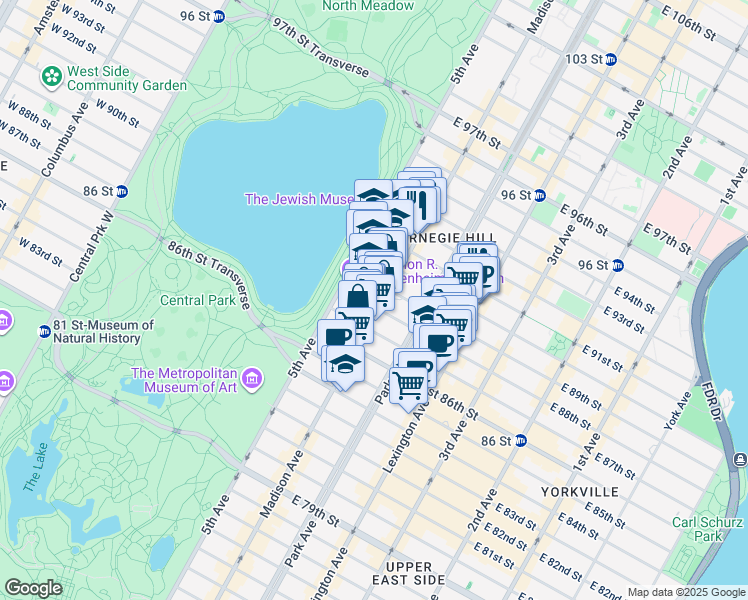 map of restaurants, bars, coffee shops, grocery stores, and more near 49 East 88th Street in New York