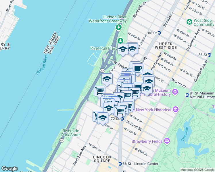 map of restaurants, bars, coffee shops, grocery stores, and more near 325 West 75th Street in New York