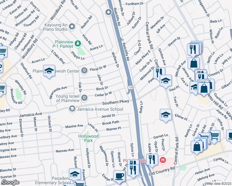 map of restaurants, bars, coffee shops, grocery stores, and more near 72 Cedar Drive East in Plainview