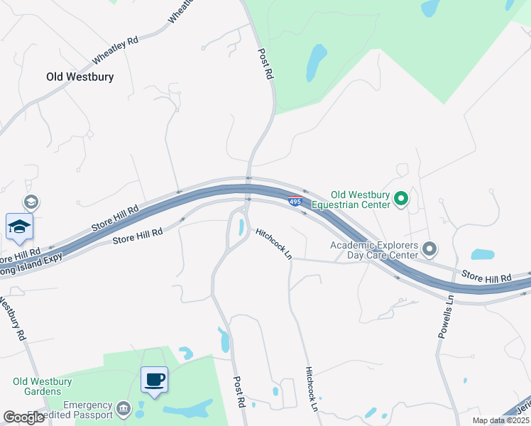 map of restaurants, bars, coffee shops, grocery stores, and more near 109 Post Road in Old Westbury