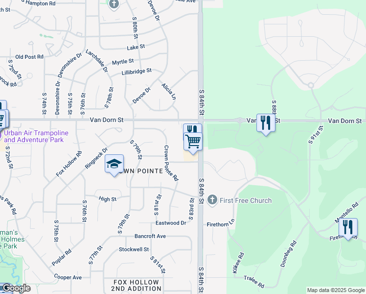 map of restaurants, bars, coffee shops, grocery stores, and more near 8320 Rockledge Road in Lincoln