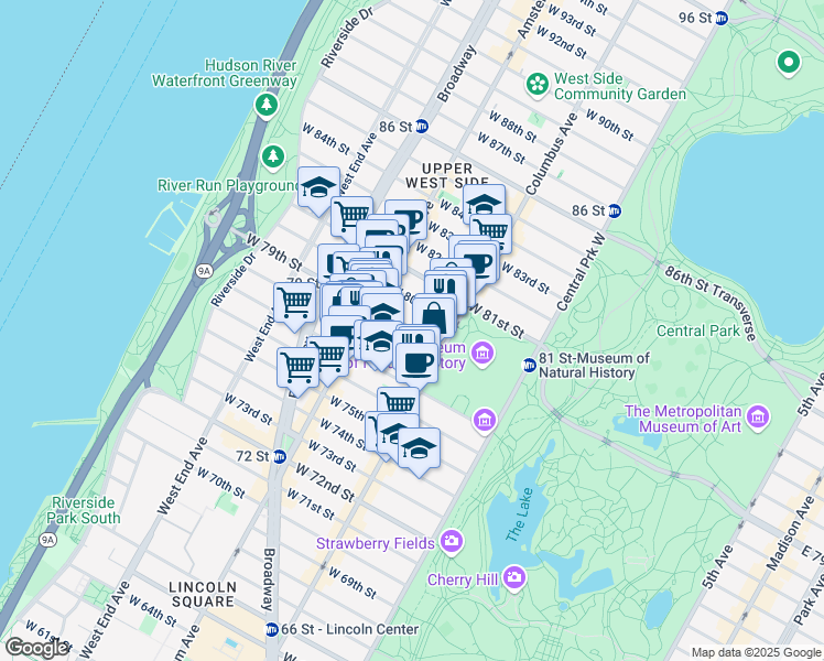 map of restaurants, bars, coffee shops, grocery stores, and more near 132 West 79th Street in New York