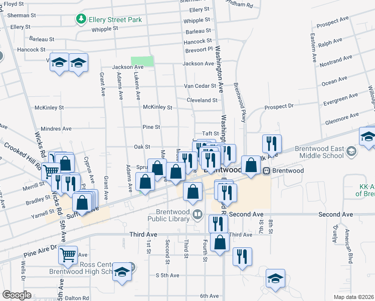 map of restaurants, bars, coffee shops, grocery stores, and more near 17 Monroe Avenue in Brentwood