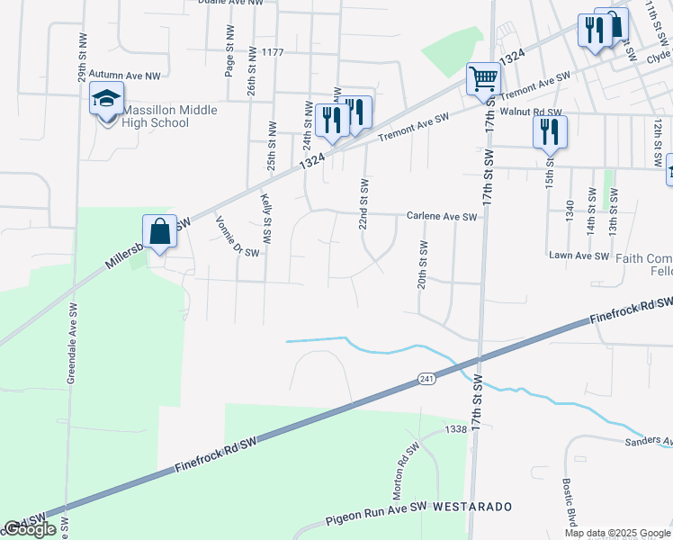 map of restaurants, bars, coffee shops, grocery stores, and more near 2245 Margilee Drive Southwest in Massillon