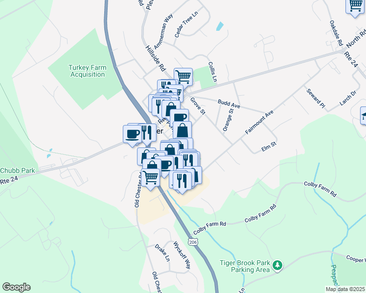 map of restaurants, bars, coffee shops, grocery stores, and more near 105 Main St in Chester Township