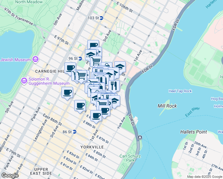 map of restaurants, bars, coffee shops, grocery stores, and more near 327 East 93rd Street in New York