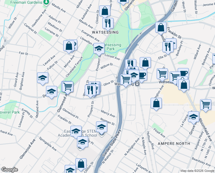 map of restaurants, bars, coffee shops, grocery stores, and more near 38 Dodd Street in East Orange