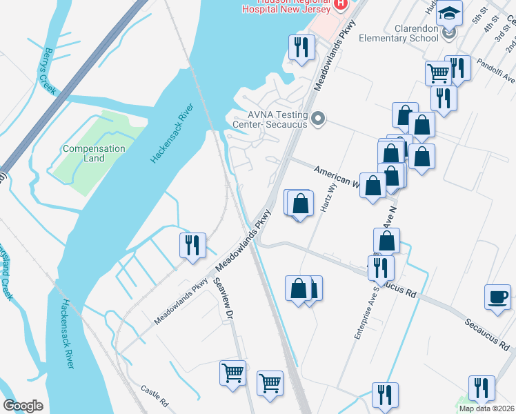 map of restaurants, bars, coffee shops, grocery stores, and more near 210 Meadowlands Parkway in Secaucus