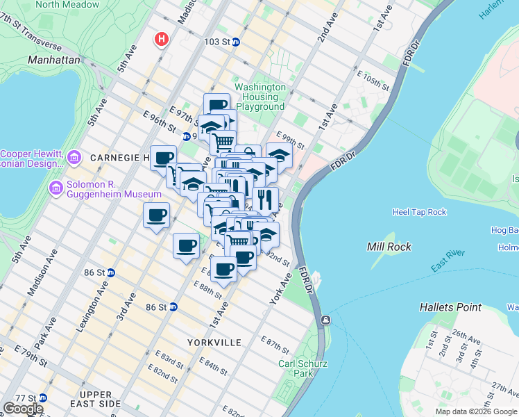 map of restaurants, bars, coffee shops, grocery stores, and more near 329 East 94th Street in New York