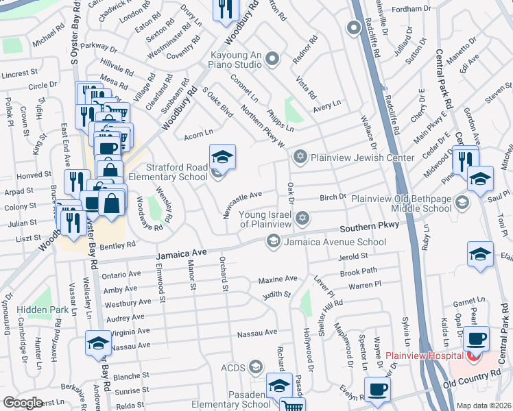map of restaurants, bars, coffee shops, grocery stores, and more near 17 Roxbury Avenue in Plainview