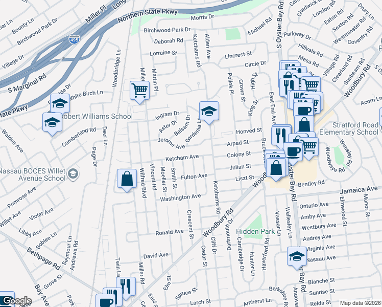 map of restaurants, bars, coffee shops, grocery stores, and more near 39 Ketcham Avenue in Hicksville