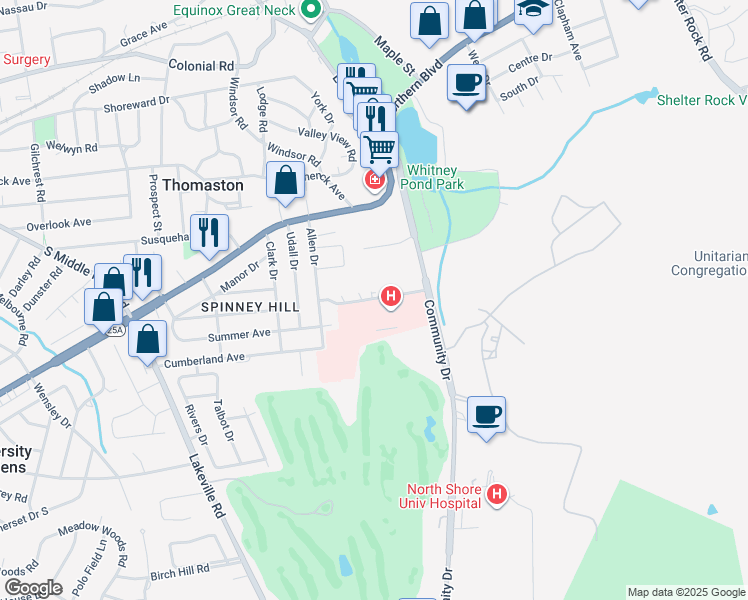 map of restaurants, bars, coffee shops, grocery stores, and more near 175 Community Drive in Manhasset