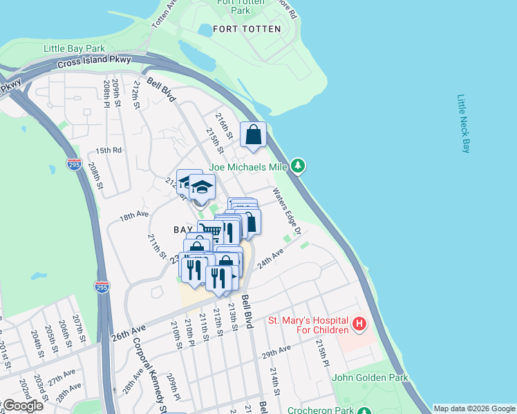 map of restaurants, bars, coffee shops, grocery stores, and more near 215-20 23rd Road in Queens
