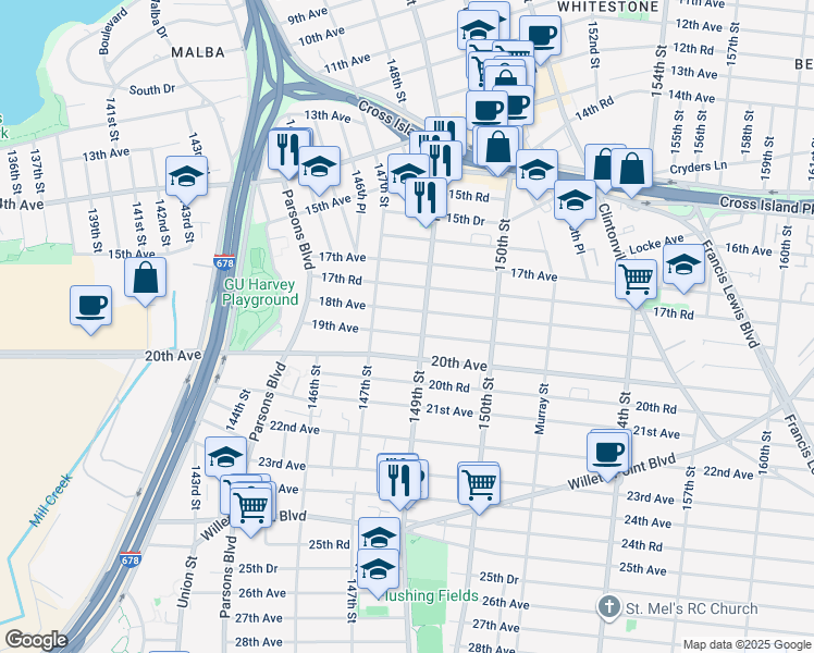 map of restaurants, bars, coffee shops, grocery stores, and more near 147-22 19th Avenue in Queens