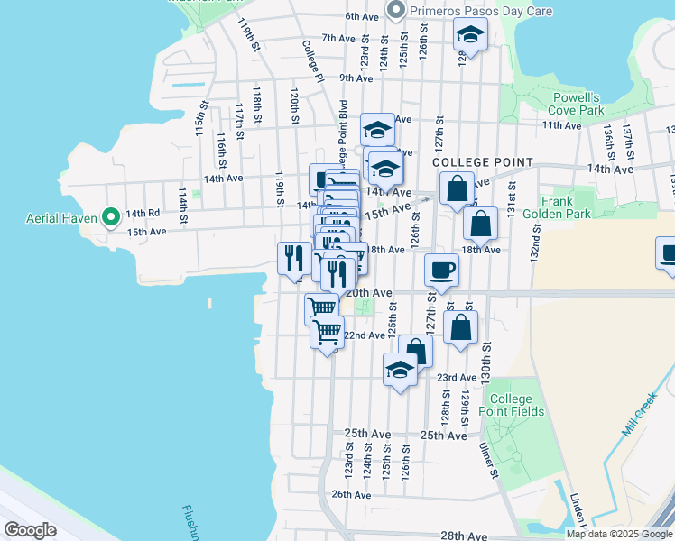 map of restaurants, bars, coffee shops, grocery stores, and more near 18-43 121st Street in Queens