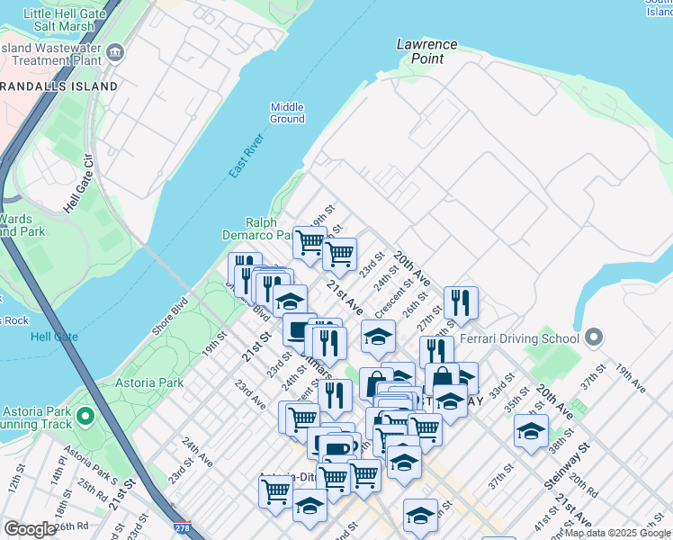 map of restaurants, bars, coffee shops, grocery stores, and more near 21-15 21st Avenue in Queens