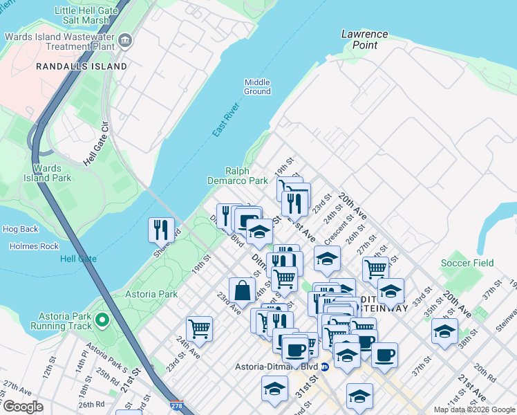 map of restaurants, bars, coffee shops, grocery stores, and more near 19-25 21st Road in Queens