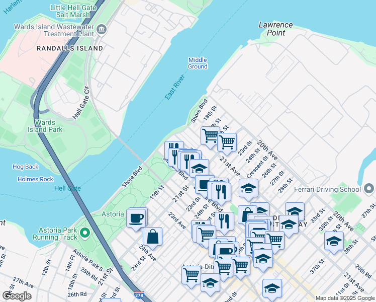 map of restaurants, bars, coffee shops, grocery stores, and more near 21-47 19th Street in Queens