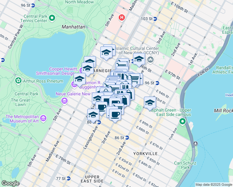 map of restaurants, bars, coffee shops, grocery stores, and more near 161 East 90th Street in New York