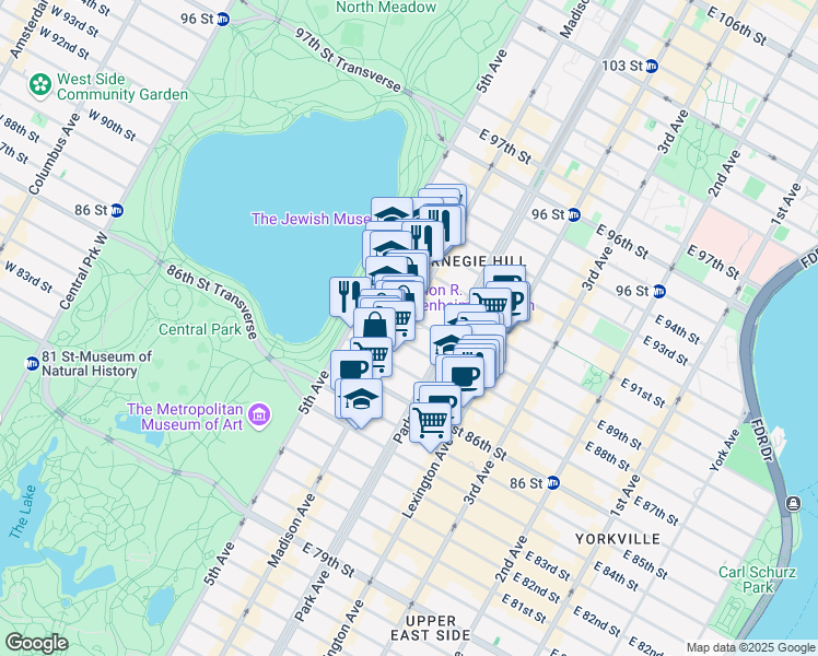 map of restaurants, bars, coffee shops, grocery stores, and more near 49 East 88th Street in New York