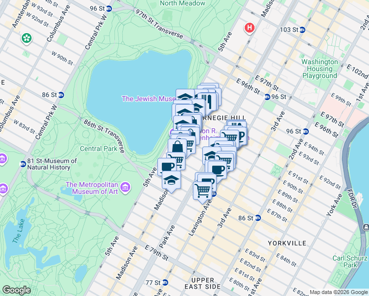 map of restaurants, bars, coffee shops, grocery stores, and more near 49 East 88th Street in New York