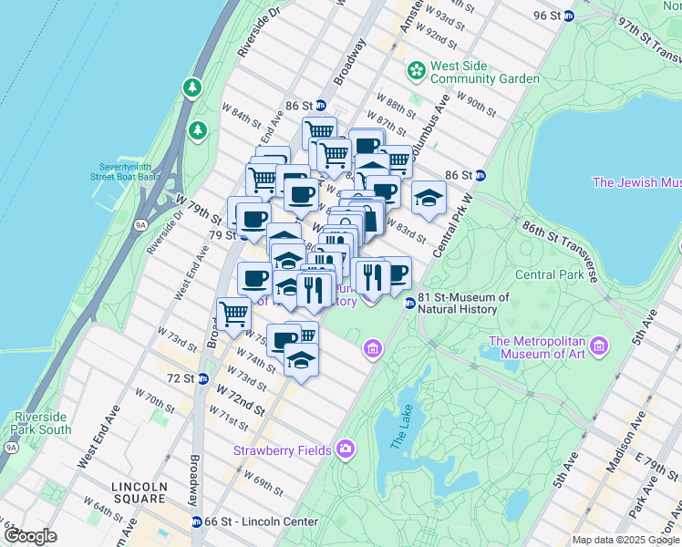 map of restaurants, bars, coffee shops, grocery stores, and more near in New York