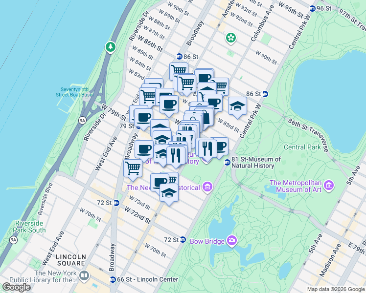 map of restaurants, bars, coffee shops, grocery stores, and more near Columbus Avenue in New York
