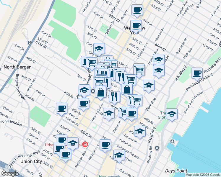 map of restaurants, bars, coffee shops, grocery stores, and more near 402 50th Street in West New York