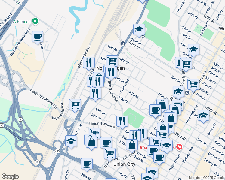 map of restaurants, bars, coffee shops, grocery stores, and more near 4218 Bergen Turnpike in North Bergen