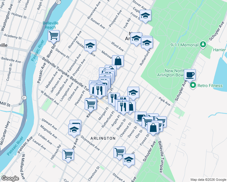 map of restaurants, bars, coffee shops, grocery stores, and more near 34 Morgan Place in North Arlington