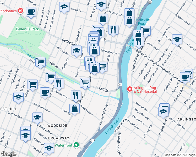 map of restaurants, bars, coffee shops, grocery stores, and more near 7-33 Cortlandt Street in Belleville