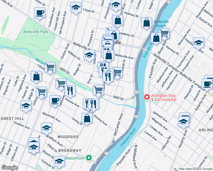 map of restaurants, bars, coffee shops, grocery stores, and more near 29 Washington Avenue in Belleville