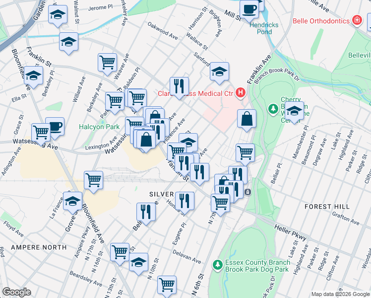 map of restaurants, bars, coffee shops, grocery stores, and more near 19 Magnolia Street in Belleville